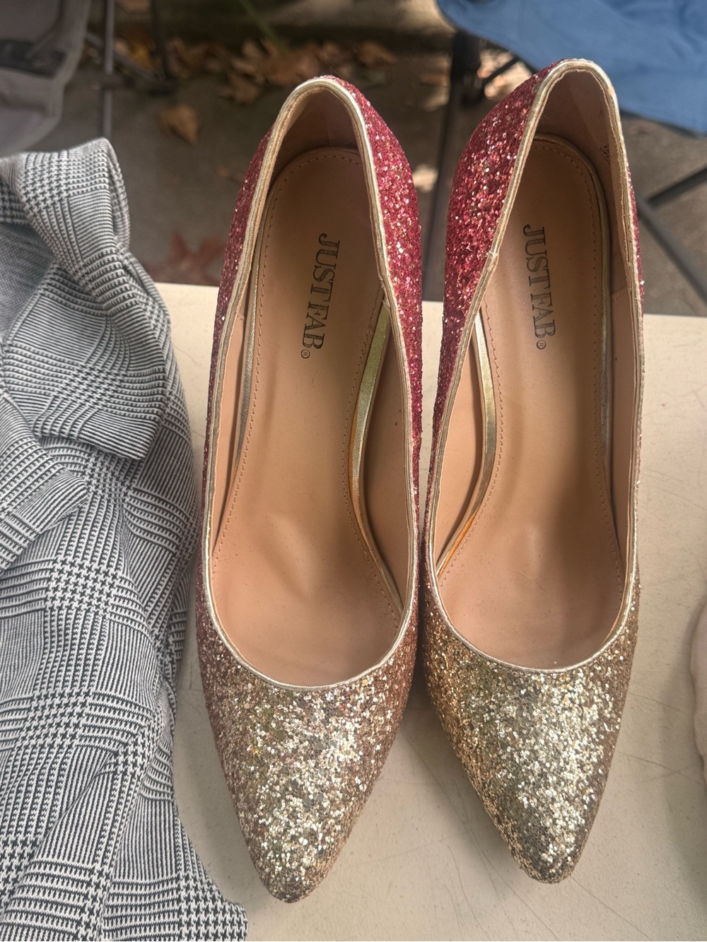 JustFab Glitter Pointed-Toe Pumps in Red and Gold